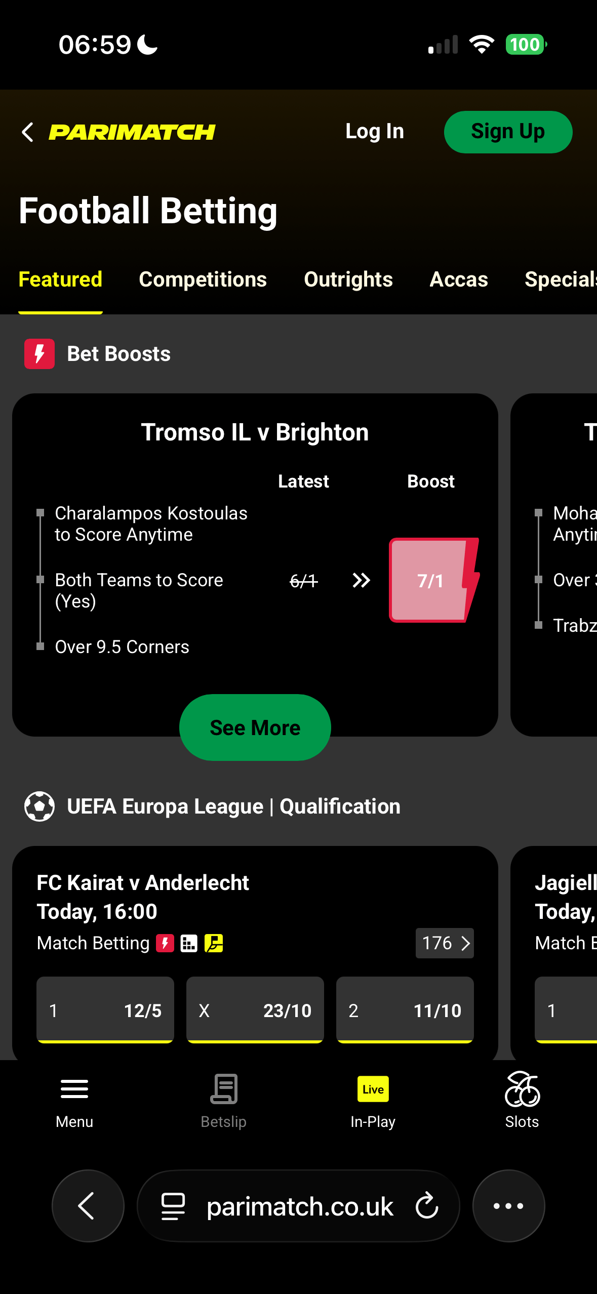 Parimatch mobile Football Betting page with Featured, Competitions, Outrights and Accas tabs, a Bet Boosts card for Tromso IL v Brighton boosted from 6/1 to 7/1, and UEFA Europa League fixture FC Kairat v Anderlecht priced 12/5, 23/10, 11/10