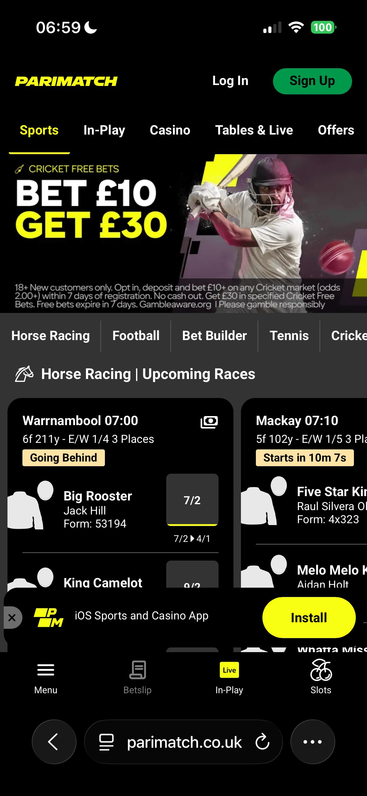 Parimatch mobile sports homepage showing a Cricket Free Bets Bet £10 Get £30 banner, sport tabs for Horse Racing, Football, Bet Builder, Tennis and Cricket, and upcoming races at Warrnambool and Mackay with Big Rooster priced 7/2
