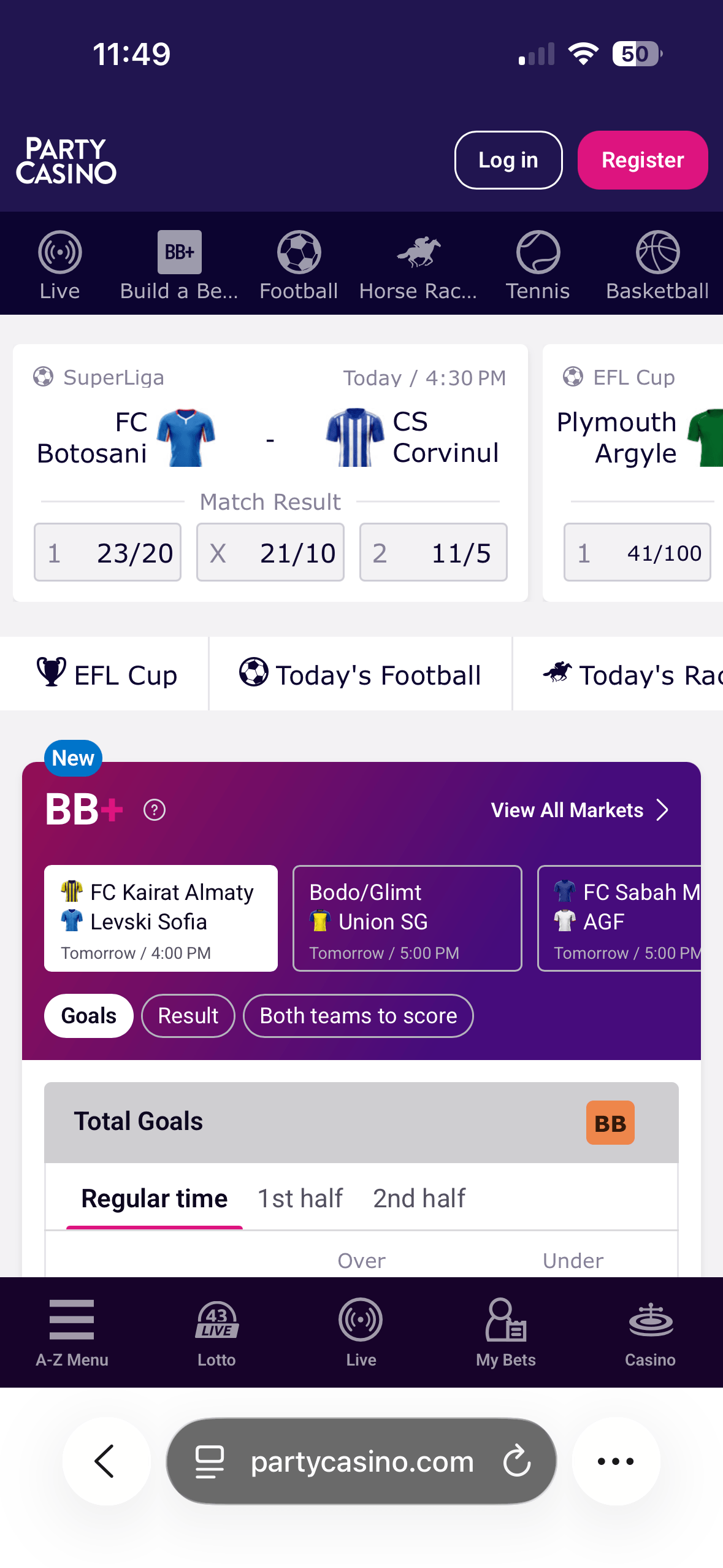 PartyCasino mobile site sports homepage showing sport shortcuts and a Build a Bet promo