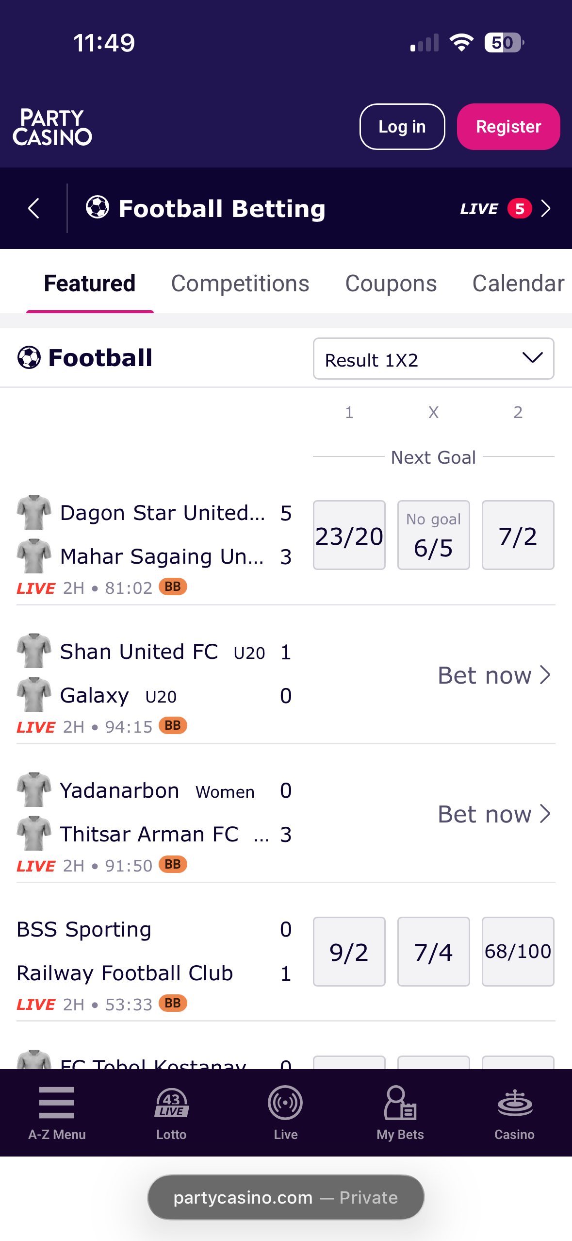 Football Betting page on the PartyCasino mobile site showing live matches with odds