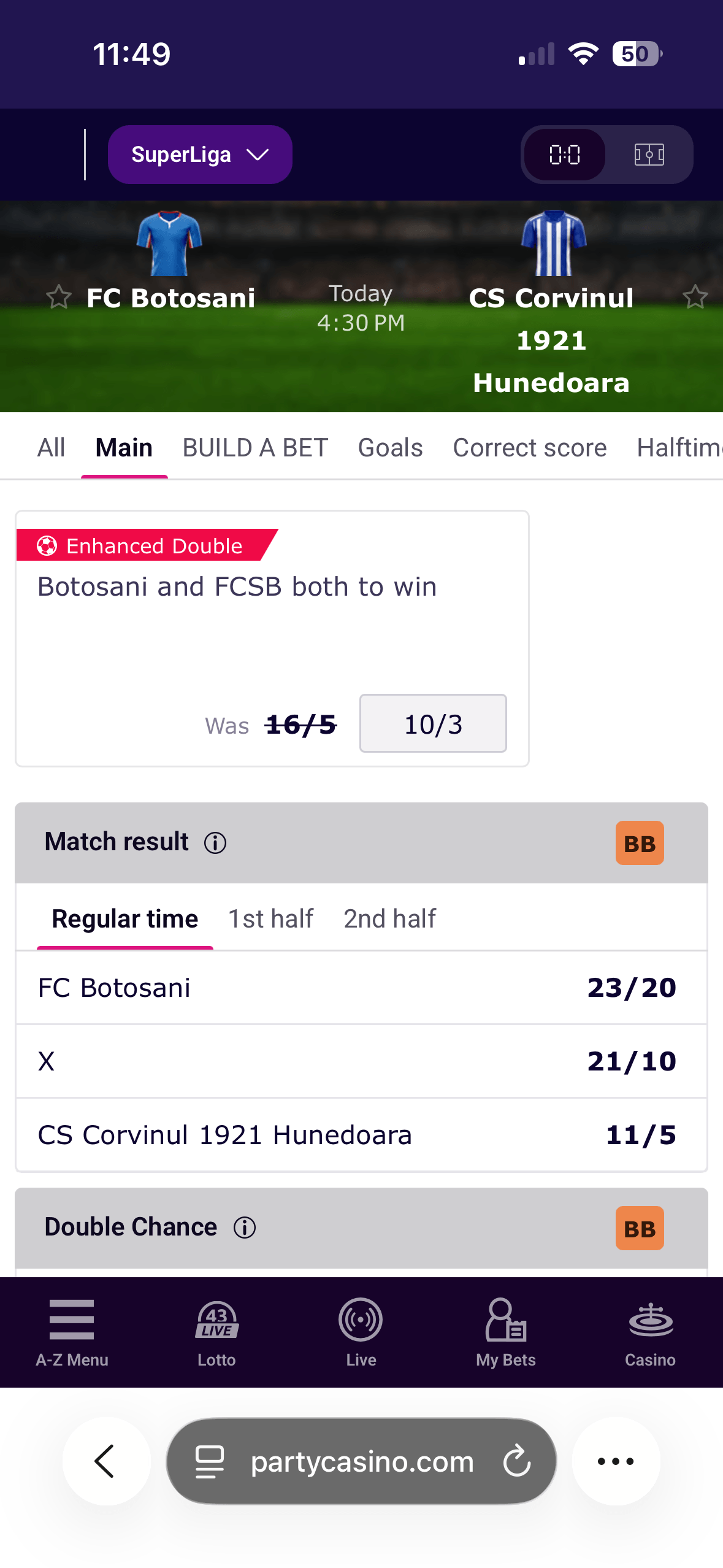 FC Botosani vs CS Corvinul match page on the PartyCasino mobile site showing an enhanced double and match result odds