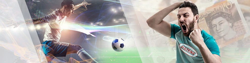 A footballer kicking the ball opposite a man celebrating a Patent bet win