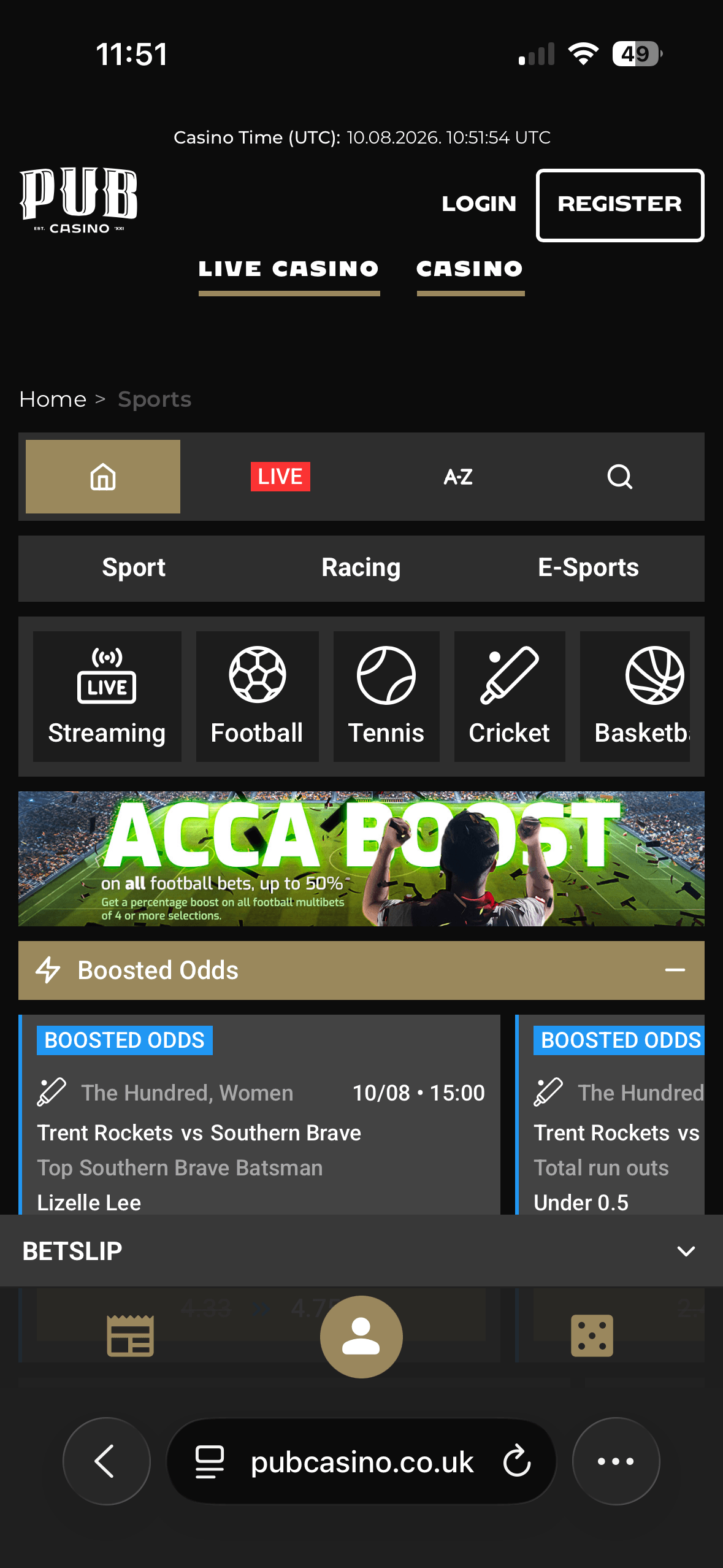 PubCasino mobile site sports homepage showing an Acca Boost banner and boosted odds