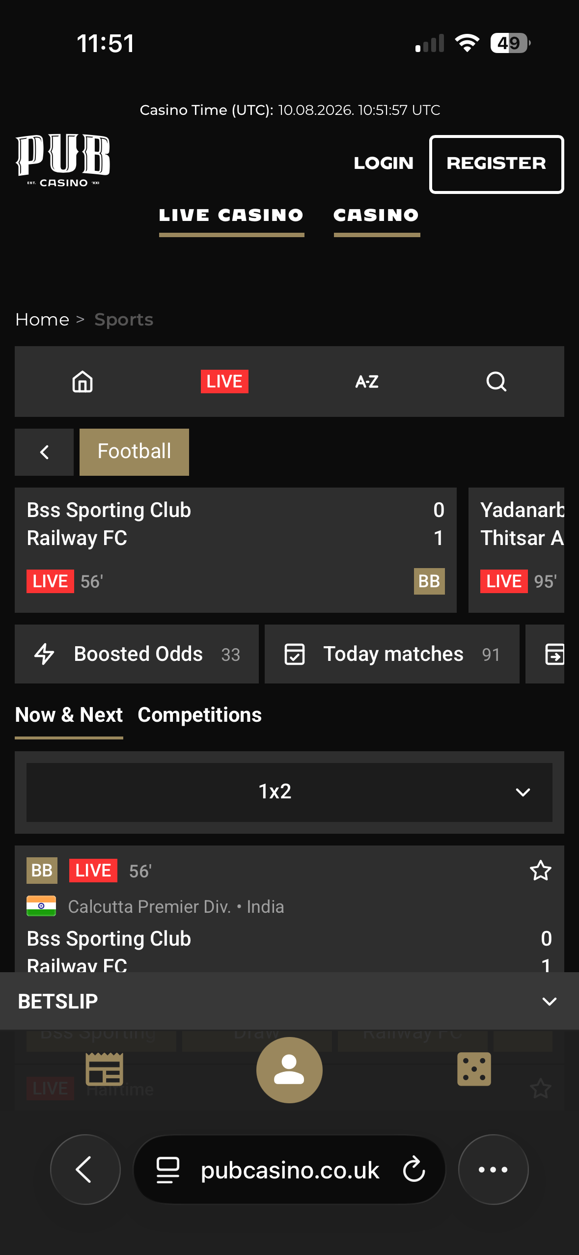Live football listing on the PubCasino mobile site showing Bss Sporting Club vs Railway FC