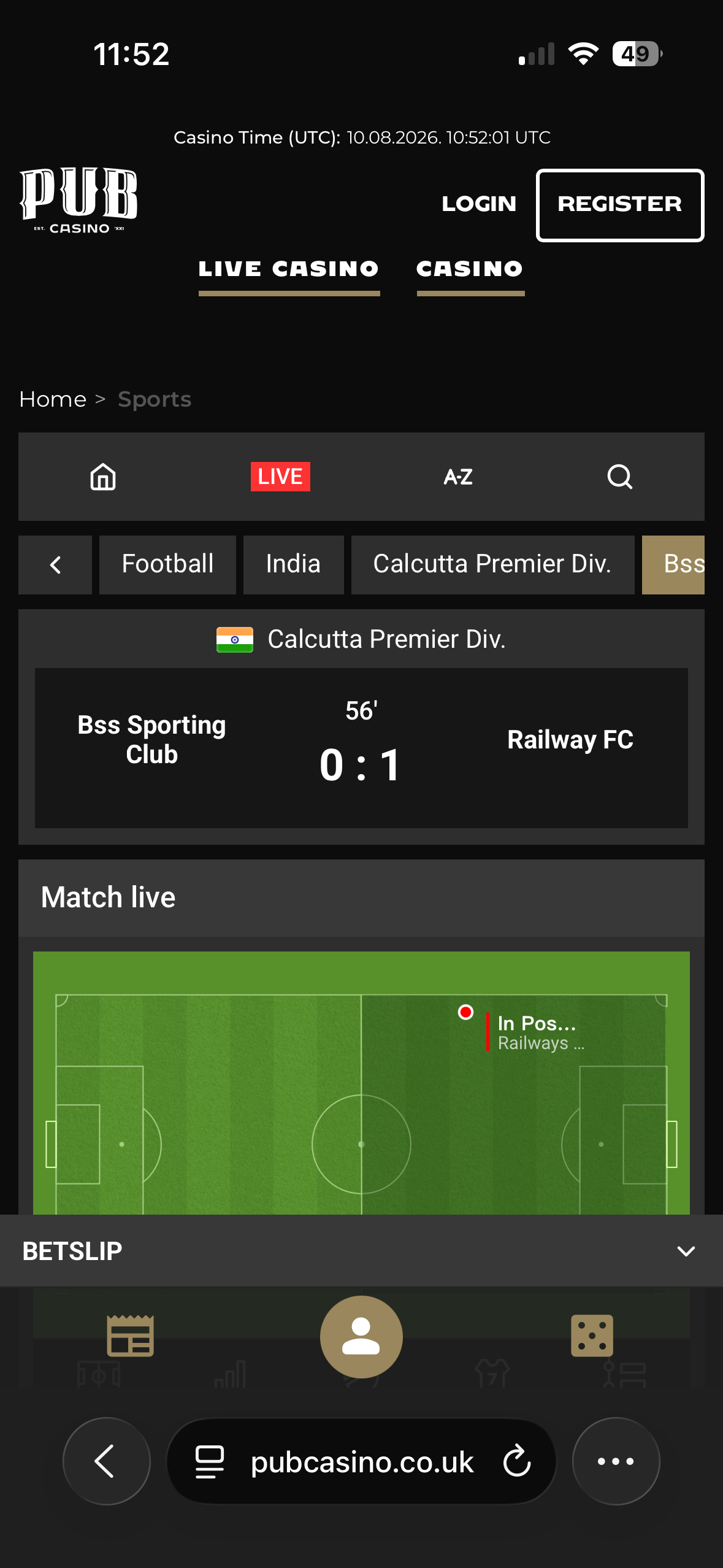 Bss Sporting Club vs Railway FC match page on the PubCasino mobile site showing a live match tracker
