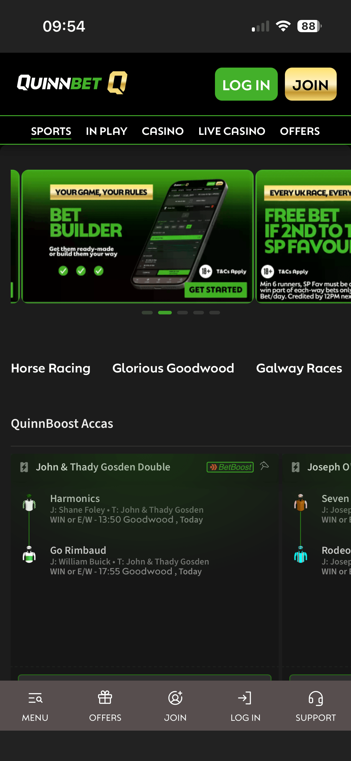 QuinnBet app homepage showing a Bet Builder promo and horse racing accas