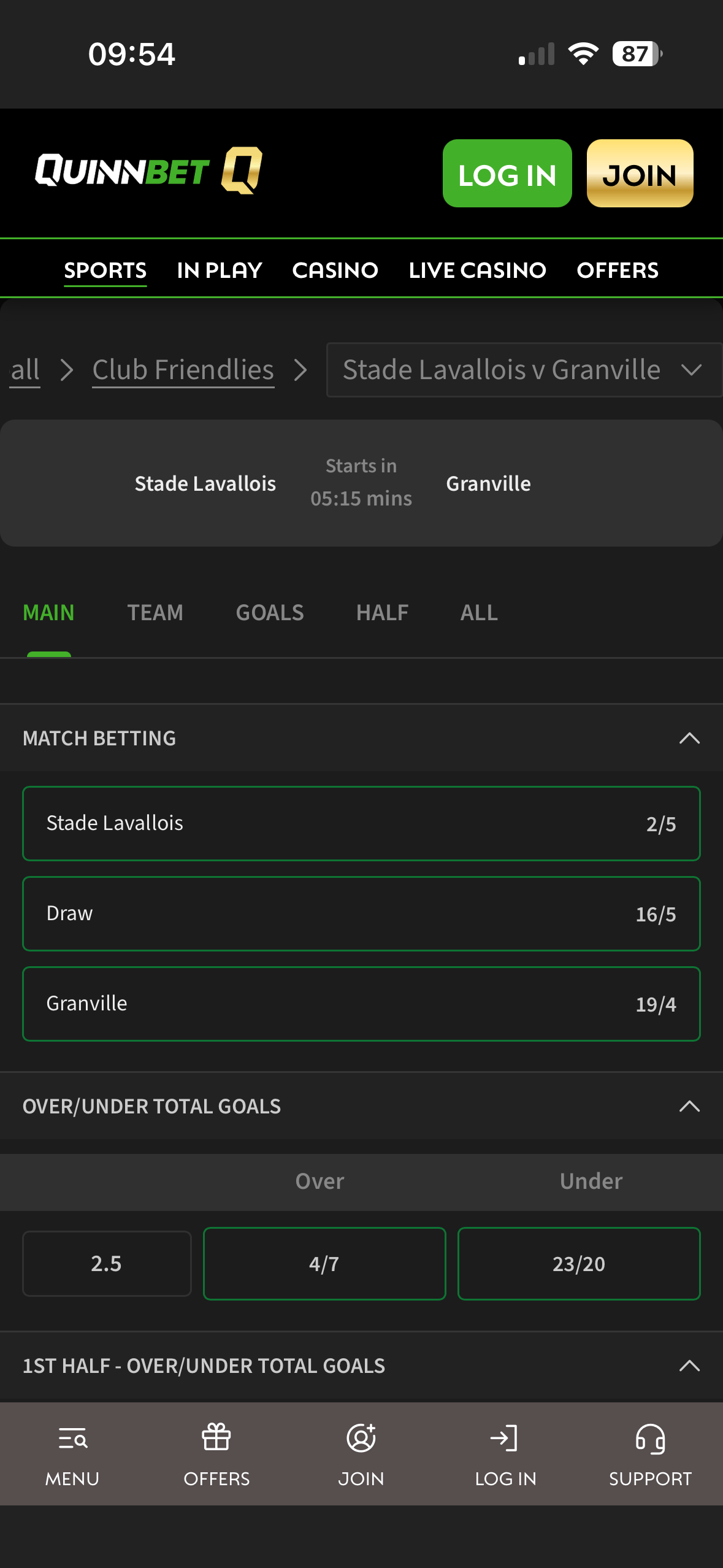 Stade Lavallois vs Granville match page on the QuinnBet app showing Match Betting and Over/Under Total Goals