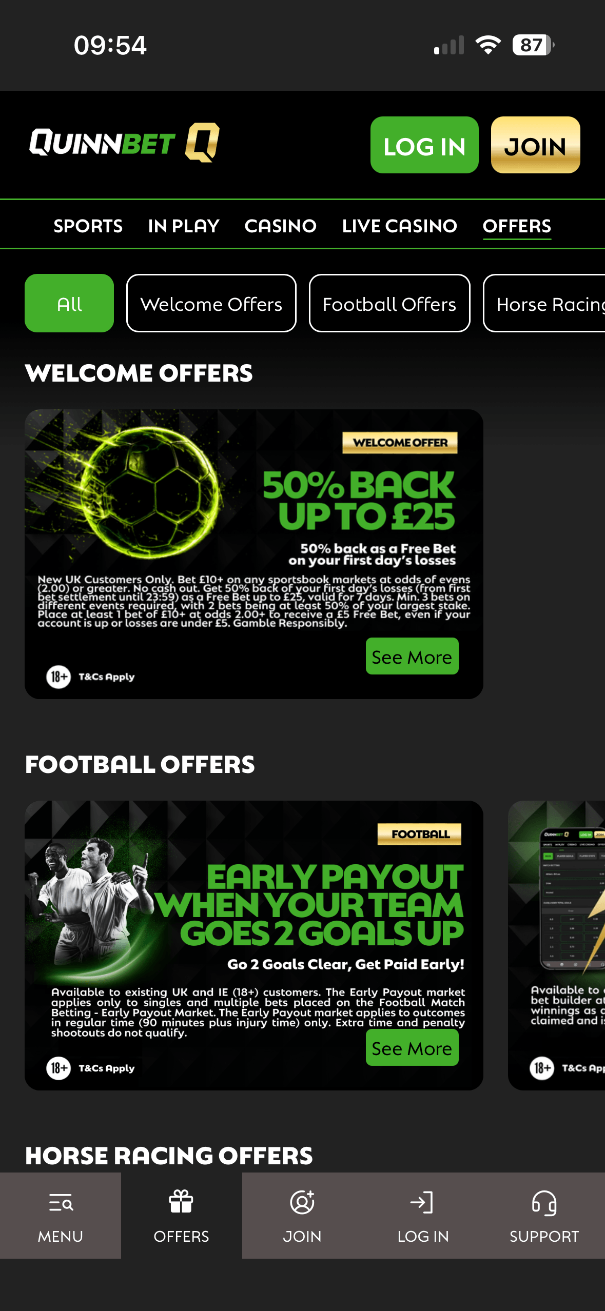 Offers page on the QuinnBet app showing a 50% back welcome offer and an early payout football offer