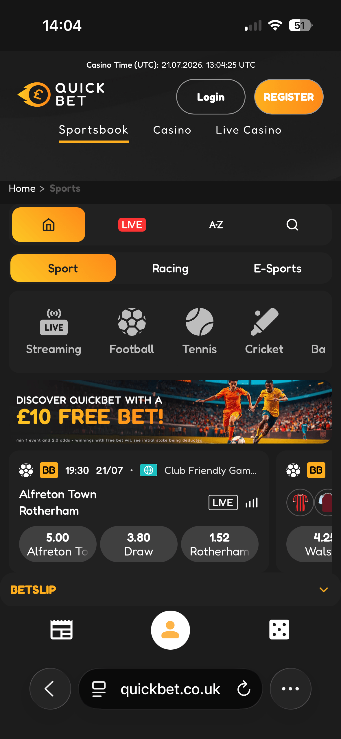 Quickbet mobile site homepage showing a £10 free bet offer and sport shortcuts