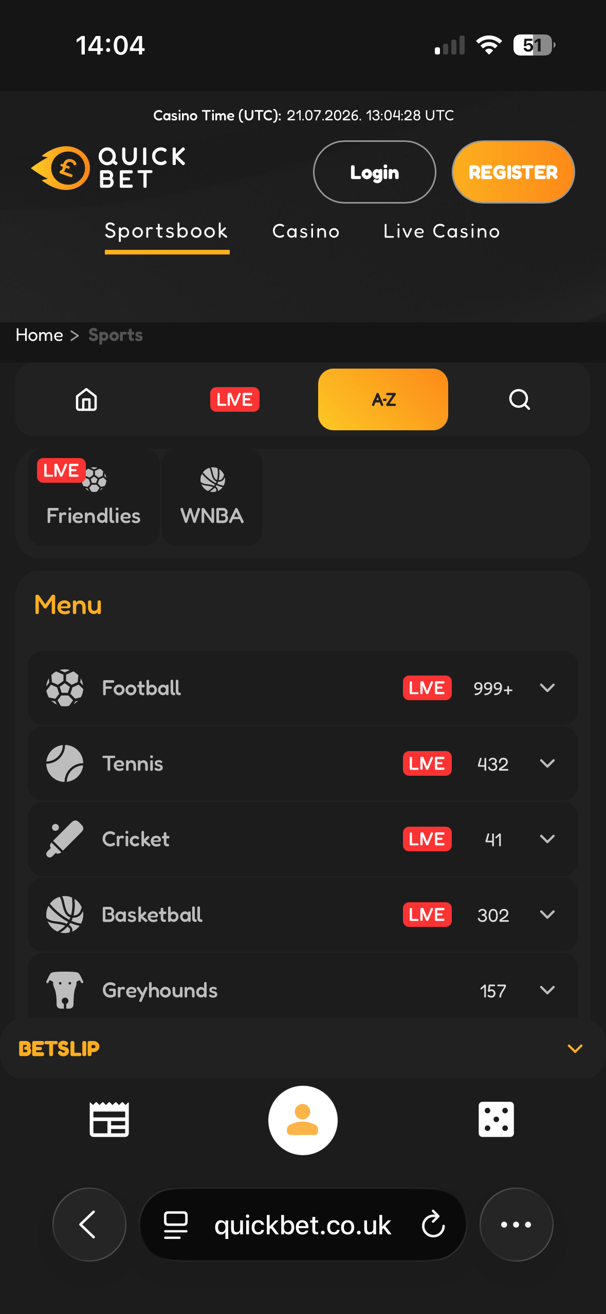 Quickbet mobile site sports menu showing football, tennis, cricket and basketball with live event counts