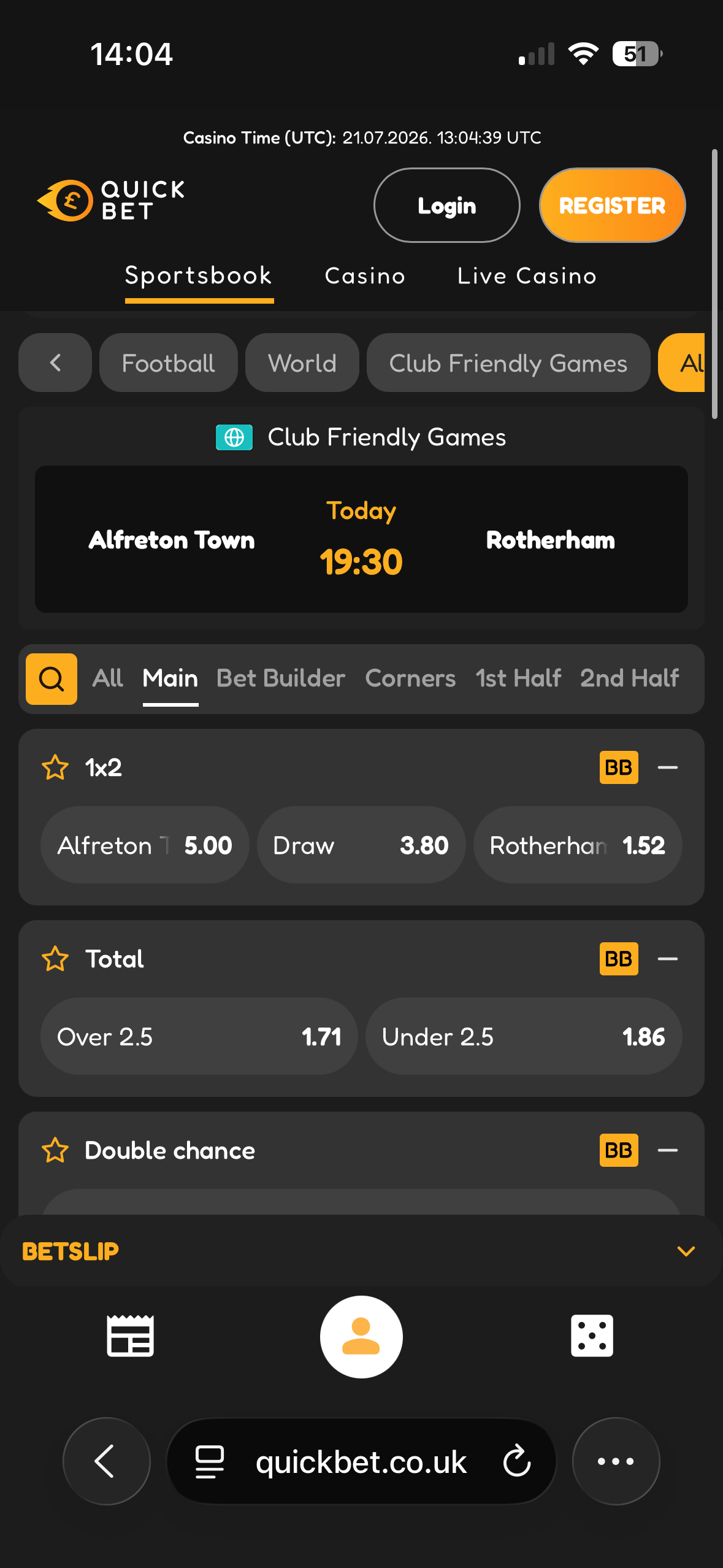 Alfreton Town vs Rotherham match page on the Quickbet mobile site showing 1x2, Total and Double Chance markets