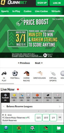 QuinnBet's home page of the app
