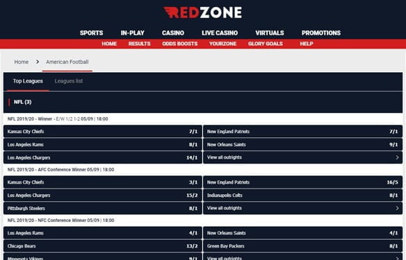 Red Zone Sports American football hub screen