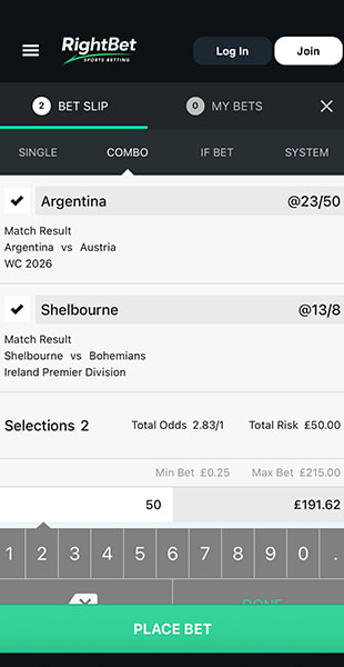 Confirming a bet on the RightBet mobile site