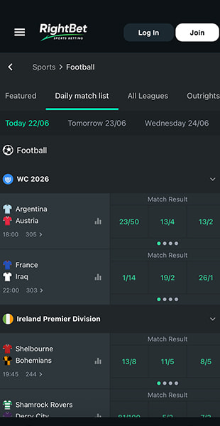Browsing the RightBet betting schedule on mobile