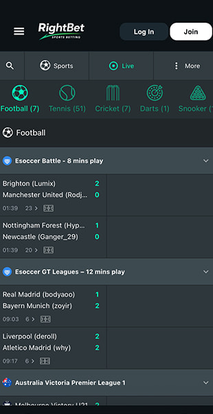Selecting a competition on the RightBet mobile site
