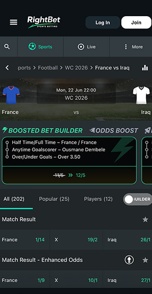 Selecting a sport on the RightBet mobile site