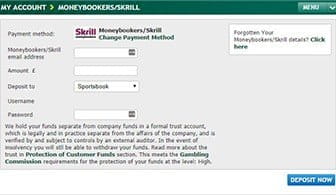 The Skrill sportsbook deposit portal where you can confirm the amount to transfer with your log in credentials