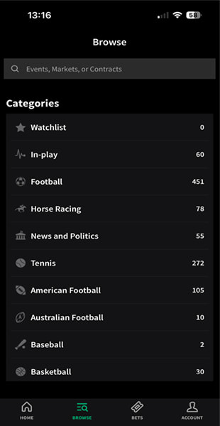 Smarkets browse screen showing all sports categories including football, horse racing, tennis and politics with market counts