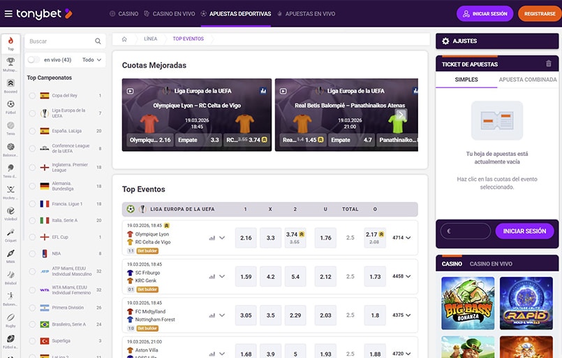 TonyBet página principal