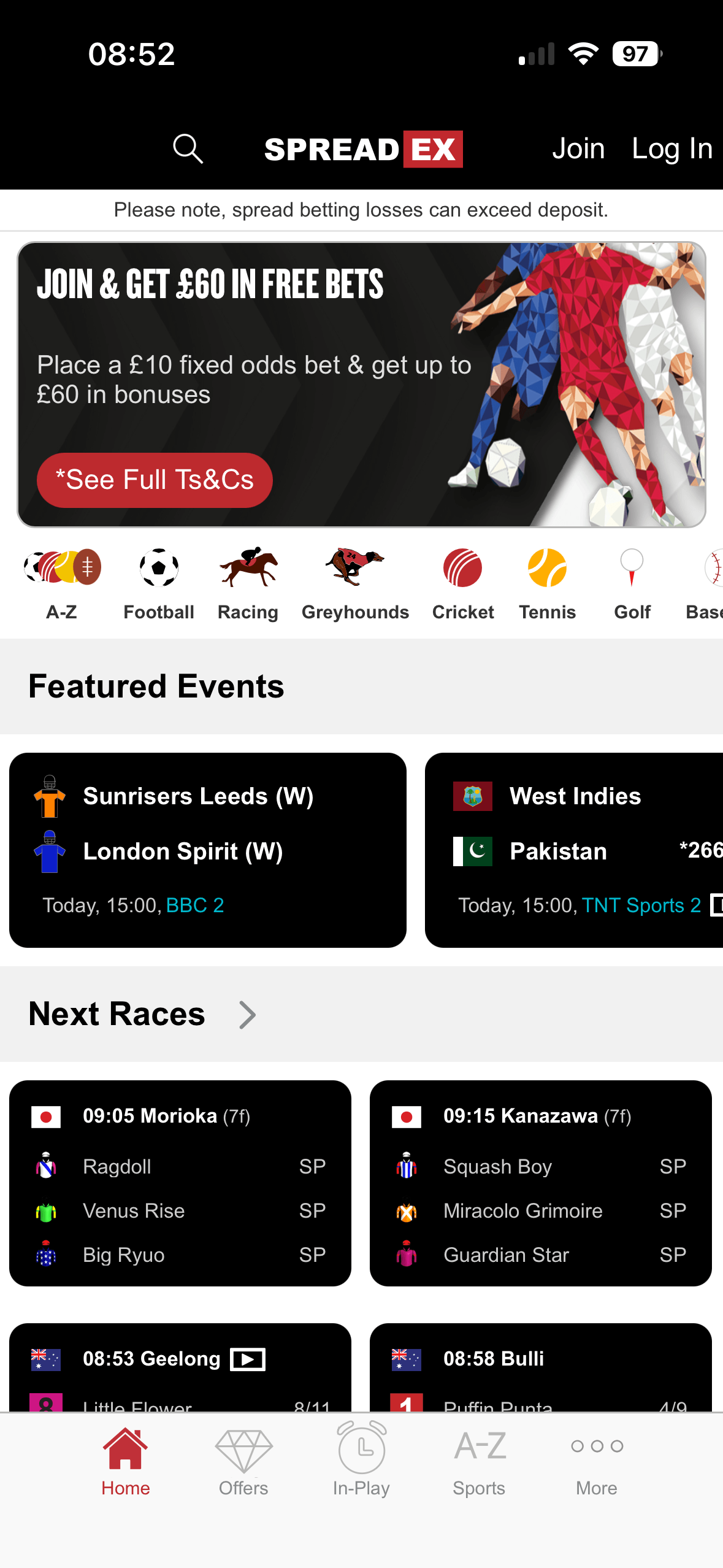 Spreadex app homepage showing a £60 free bets join offer and sport shortcuts