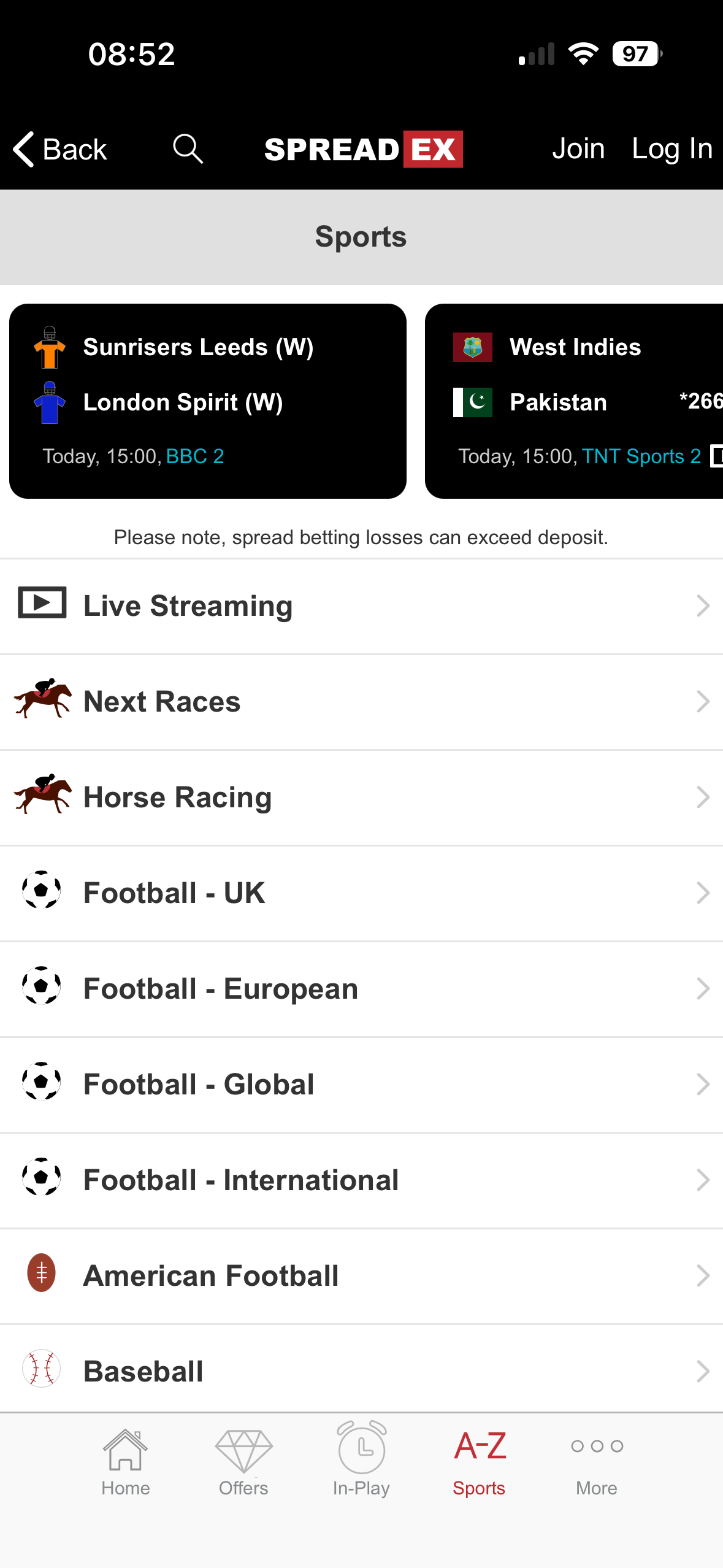 Sports menu on the Spreadex app showing Horse Racing and Football UK, European and Global categories