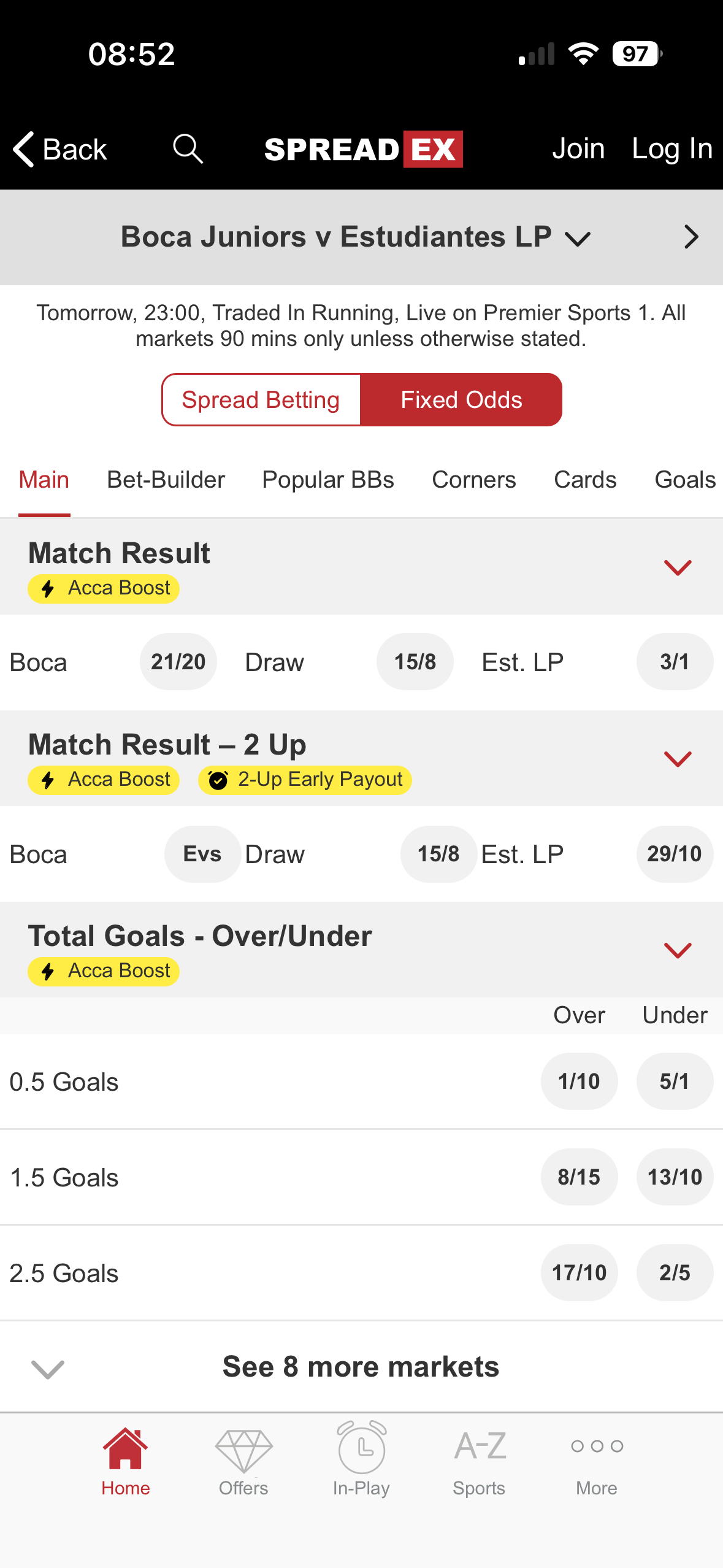 Boca Juniors vs Estudiantes LP match page on the Spreadex app showing Match Result and Total Goals markets