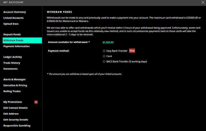Screenshot of Spreadex withdrawal page