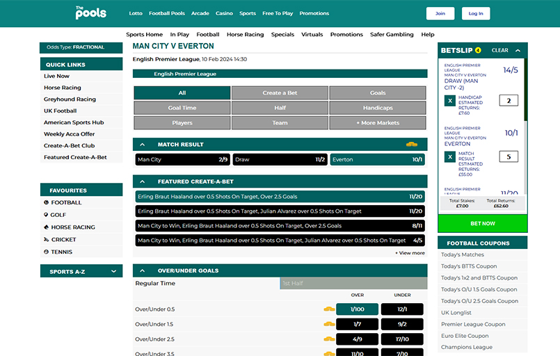 Screenshot of The Pools bet builder page