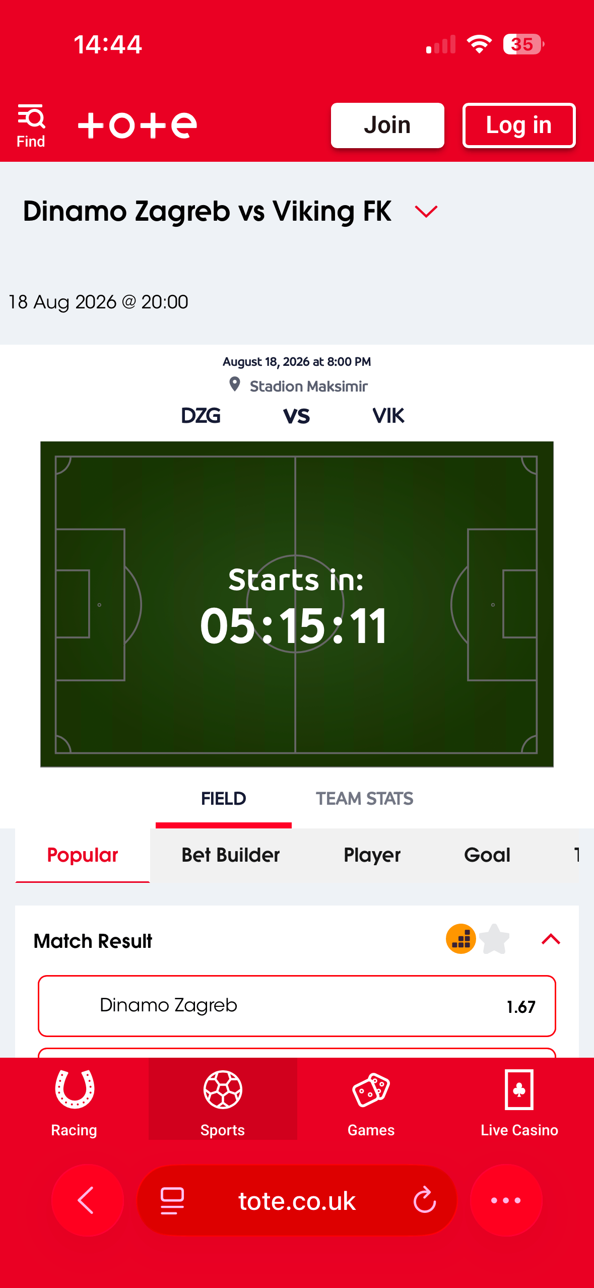 tote mobile match odds page for Dinamo Zagreb vs Viking FK at Stadion Maksimir showing a countdown to kick-off and Match Result odds with Dinamo Zagreb priced at 1.67