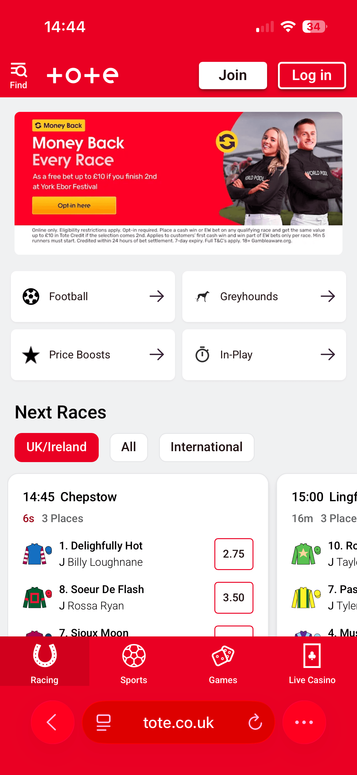 tote mobile racing homepage showing a Money Back Every Race banner for York Ebor Festival, Football and Greyhounds shortcut tiles, and Next Races including 14:45 Chepstow with Delighfully Hot at 2.75 and Soeur De Flash at 3.50