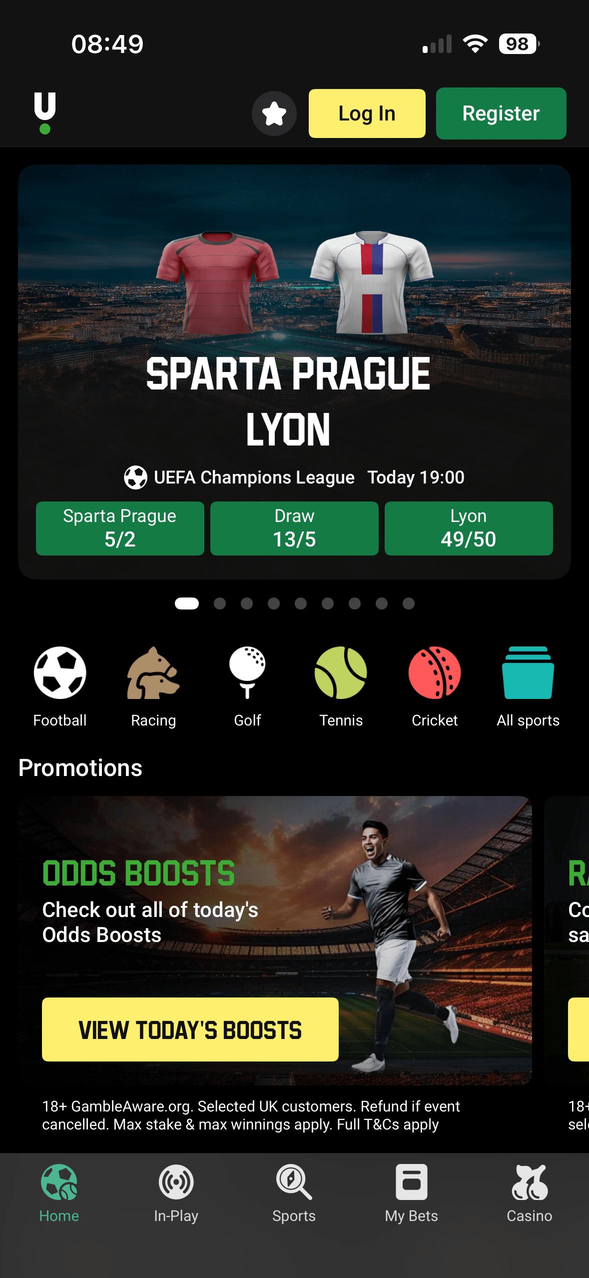Unibet app homepage showing a Sparta Prague vs Lyon featured match and sport shortcuts