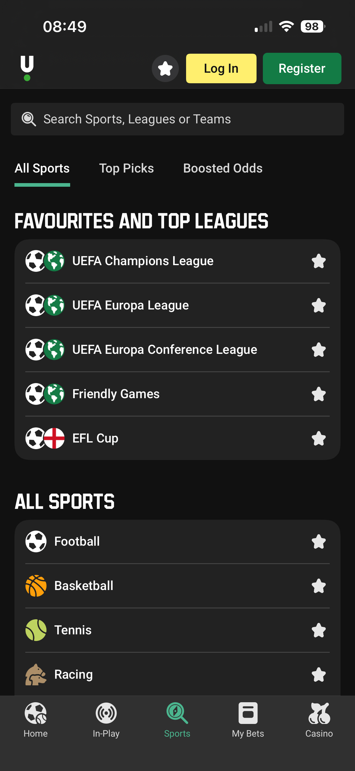 All Sports page on the Unibet app showing UEFA Champions League and other top leagues