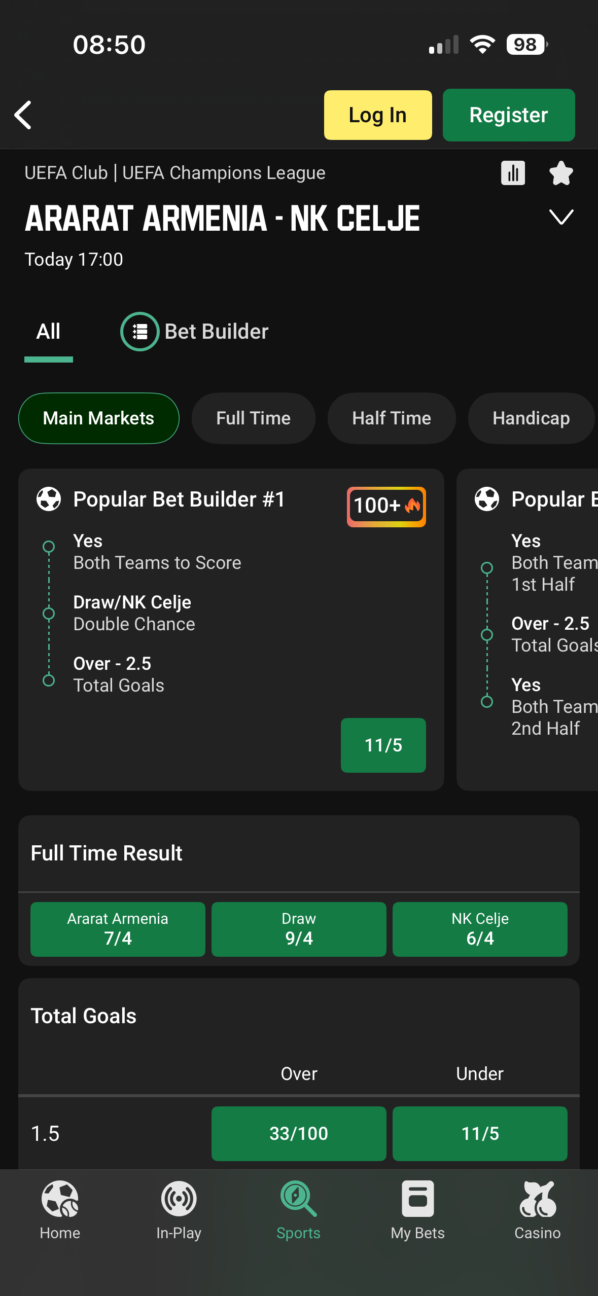 Ararat Armenia vs NK Celje match page on the Unibet app showing a popular bet builder and Full Time Result markets