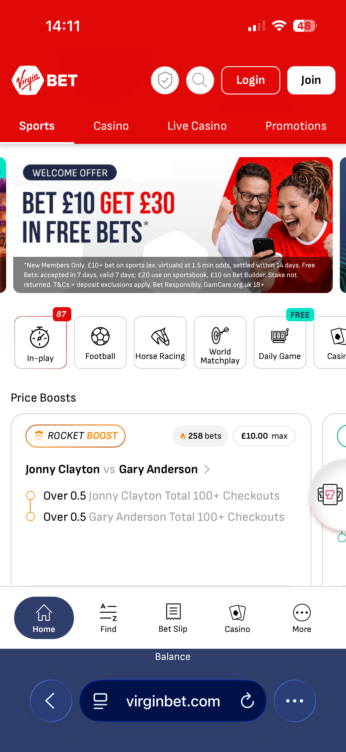 Virgin Bet mobile site homepage showing a bet £10 get £30 free bets welcome offer