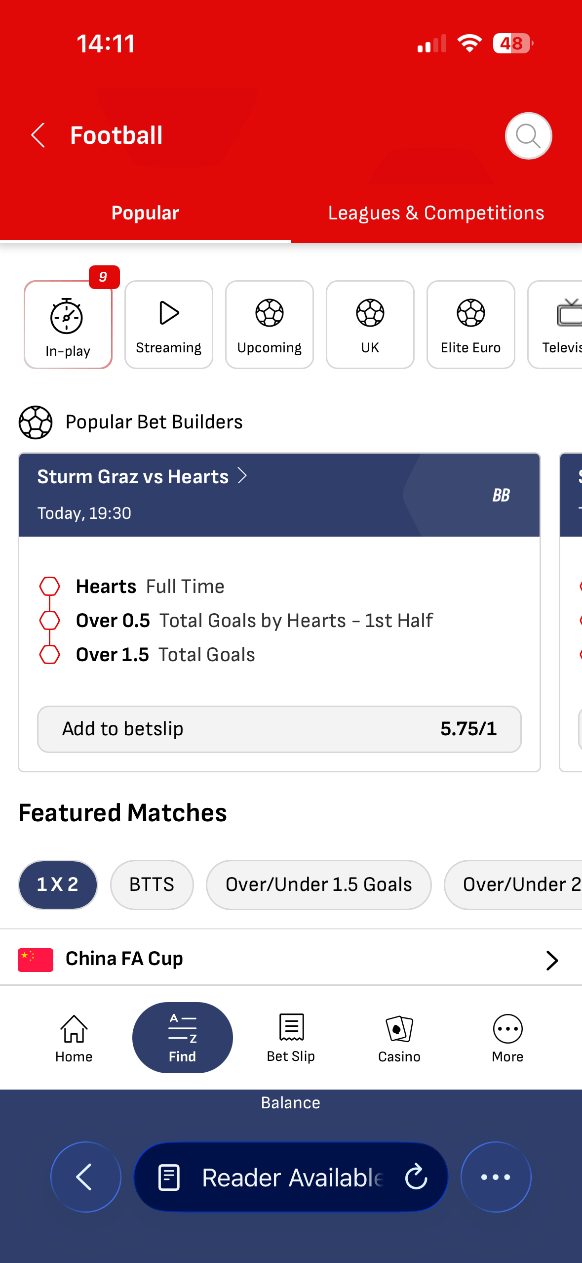 Football section on the Virgin Bet mobile site showing popular bet builders including Sturm Graz vs Hearts