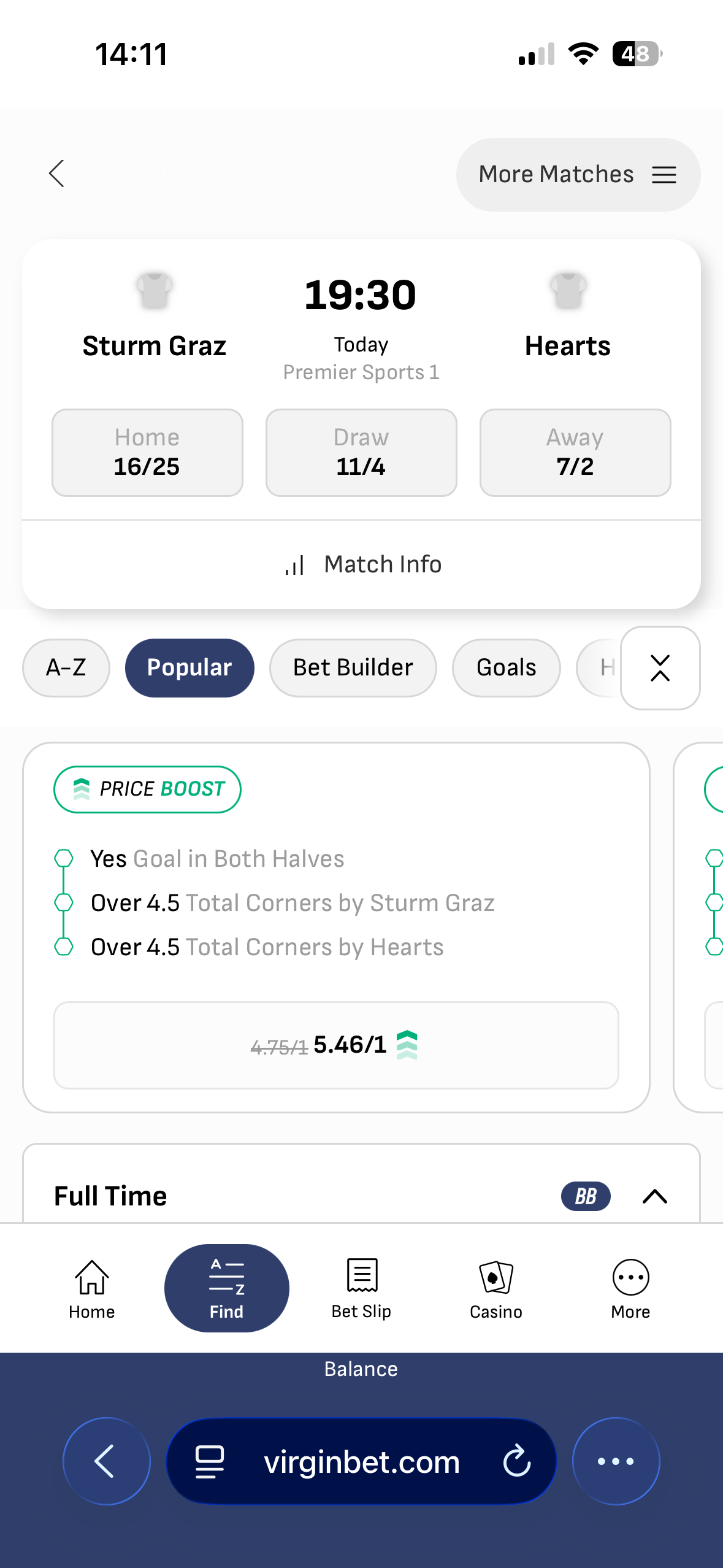 Sturm Graz vs Hearts match page on the Virgin Bet mobile site showing 1X2 odds and a price boost