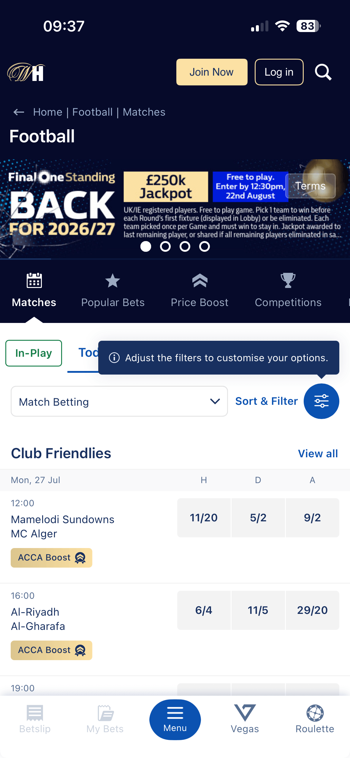 Football matches list on the William Hill app showing Club Friendlies fixtures with H, D, A odds