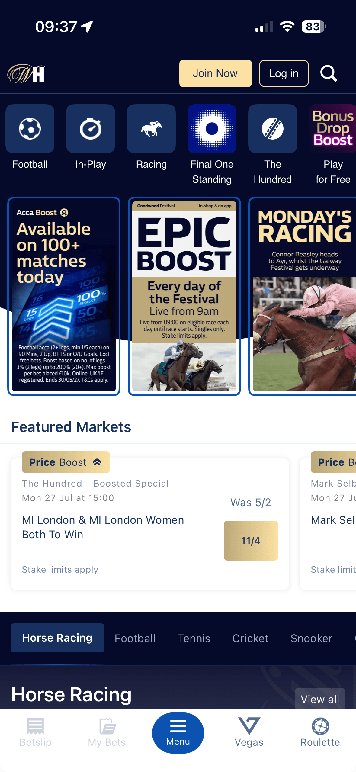 William Hill app homepage showing sport shortcuts and Acca Boost, Epic Boost and racing promos
