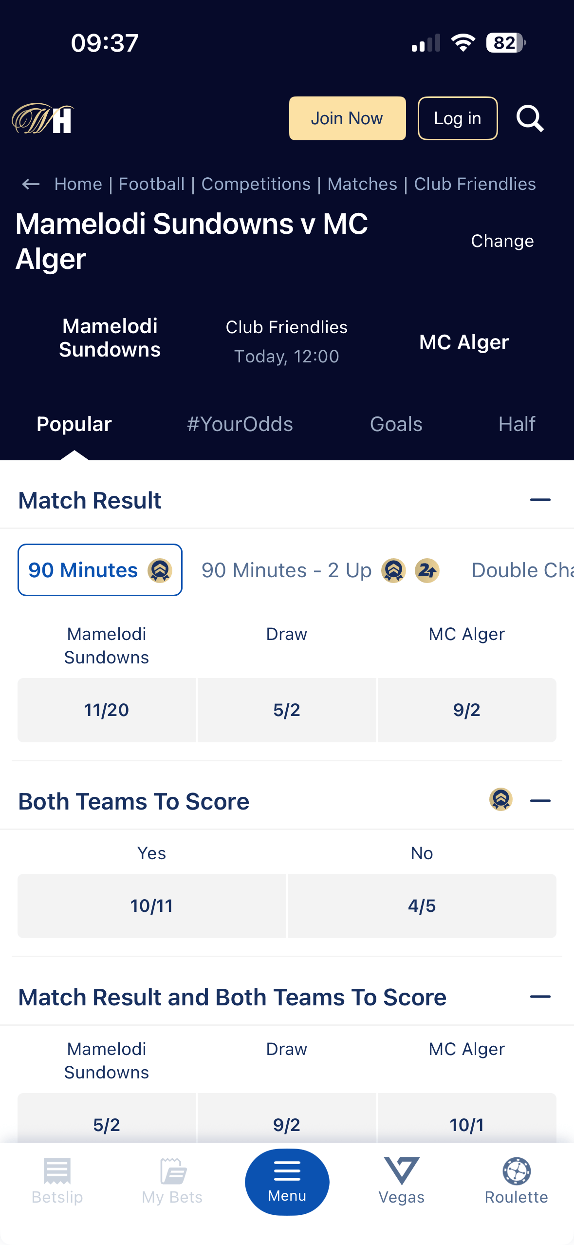 Mamelodi Sundowns vs MC Alger match page on the William Hill app showing Match Result and Both Teams to Score markets