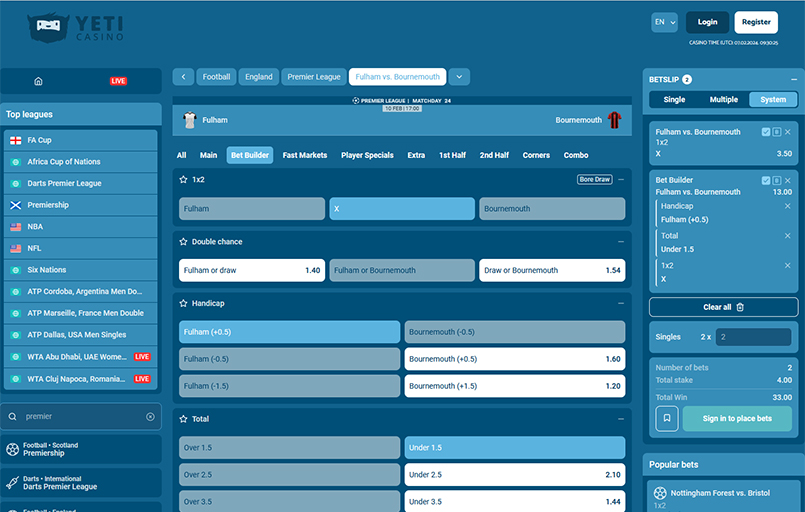 Screenshot of YetiBet bet builder page