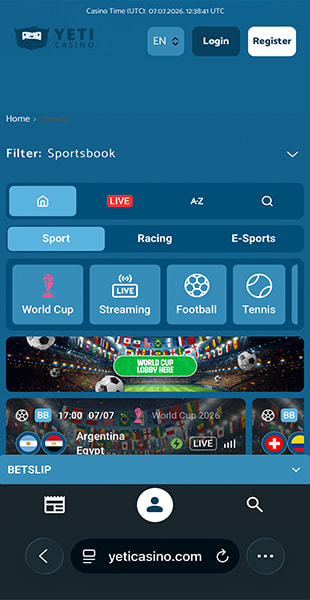 Choosing a sport on the YetiBet app