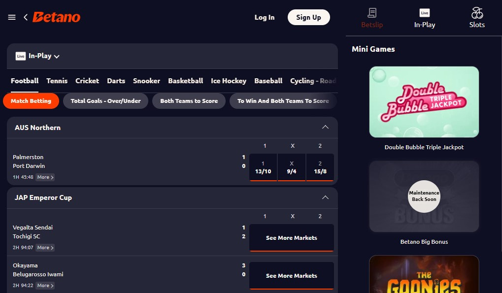 In-play betting at Betano