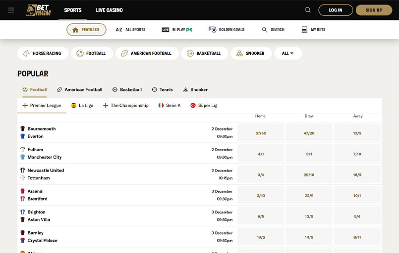 The BetMGM sports betting homepage