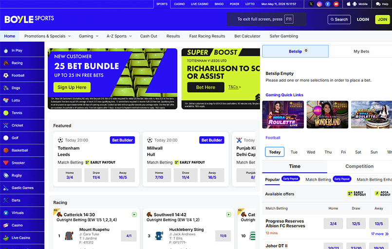 The BOYLE Sports betting homepage