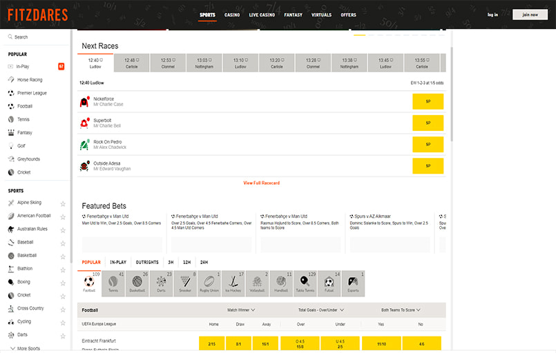 The Fitzdares sports betting homepage