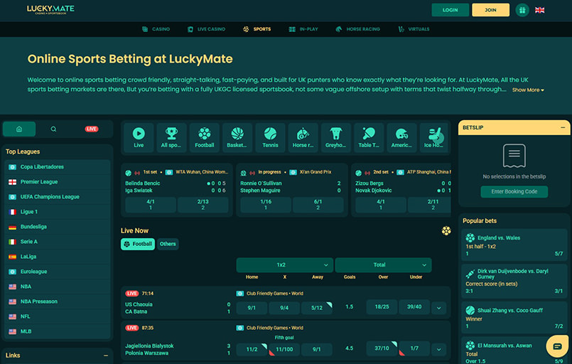 The Luckymate sports betting homepage