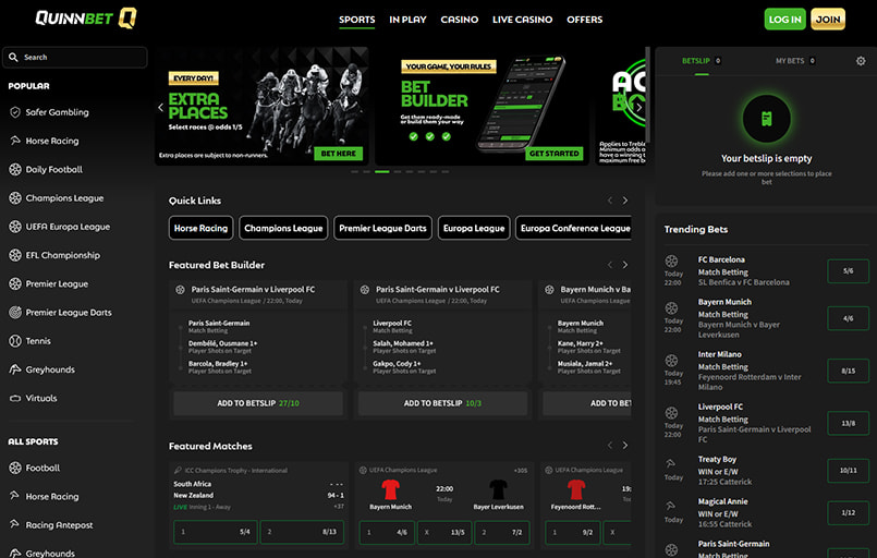 The QuinnBet sports betting homepage