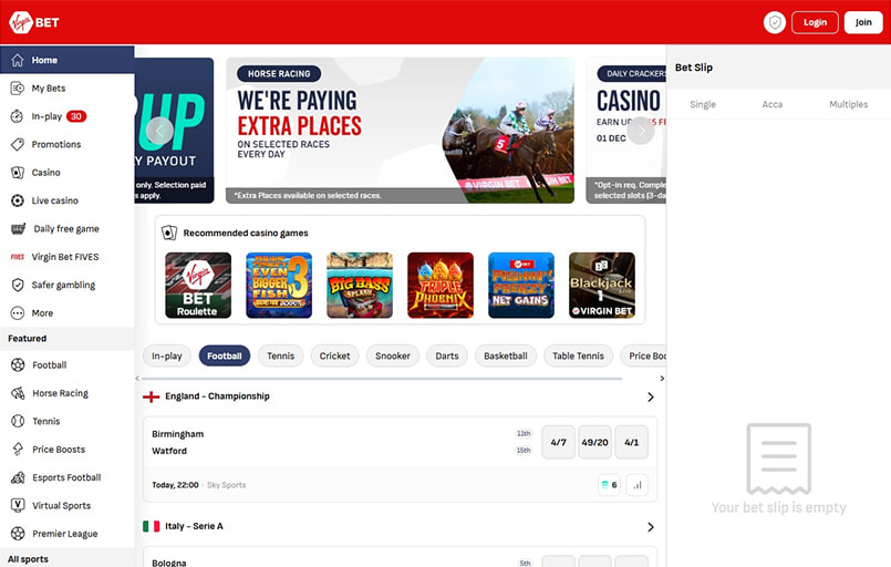 The Virgin Bet sports betting homepage