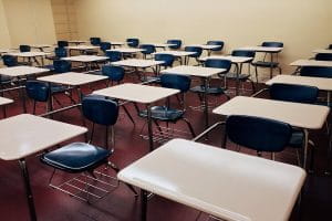 Desks in a school classroom